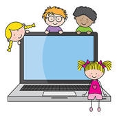 A computer surrounded by students